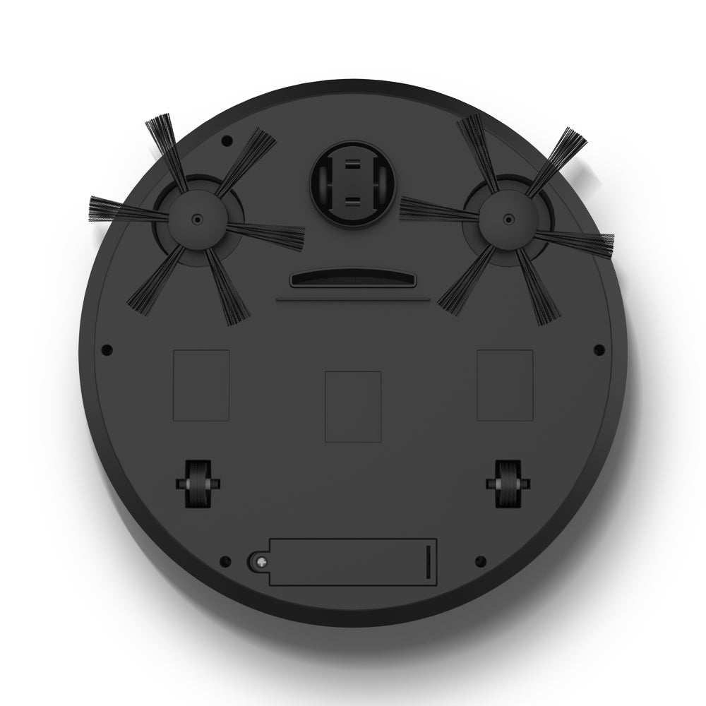 robotstädare 3 i 1 i svart med rund form, två roterande borstar och hjul för enkel rörelse och rengöring underifrån