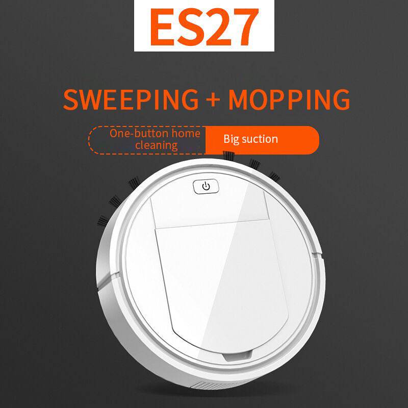 vit rund robotstädare 3 i 1 i plast med en knapp för enkel start och borstar för fegning och moppsugning
