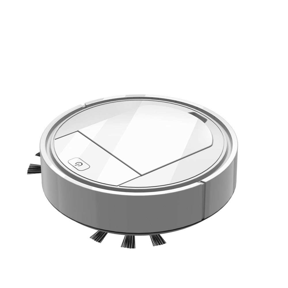 robotstädare 3 i 1 i grå och vit färg med cirkulär design och borstmunstycken för effektiv rengöring på golv och mattor.
