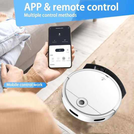 Tre-i-ett städmaskin för hårda golv with remote control and app functionality, designed for efficient cleaning.